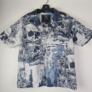 Rebel Vengeance Shirt Mens Small Skull Skeleton Graphic Blue Button Up Polyester